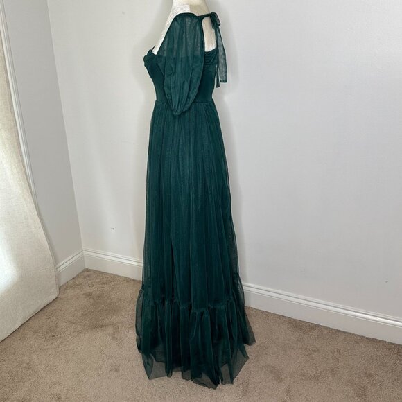 Anaya With Love Emerald Green Tulle Maxi Dress Size 2 Puff Sleeve Formal Gown - Picture 5 of 16